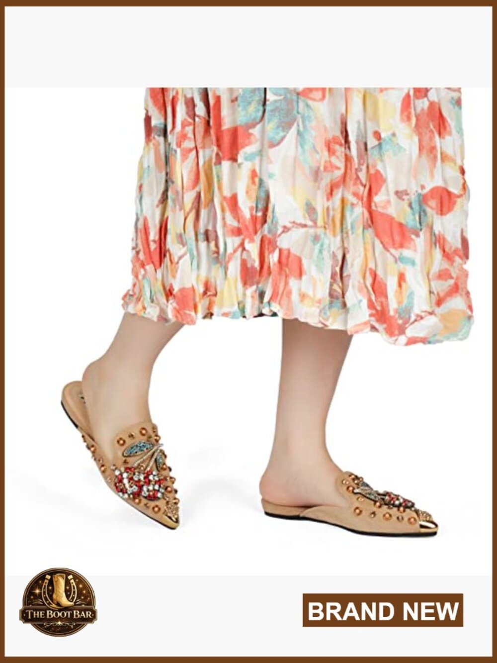 Women's Pointed Toe Mules with Memory Foam Insole, Rhinestone Rivet Flats - Picture 2 of 5